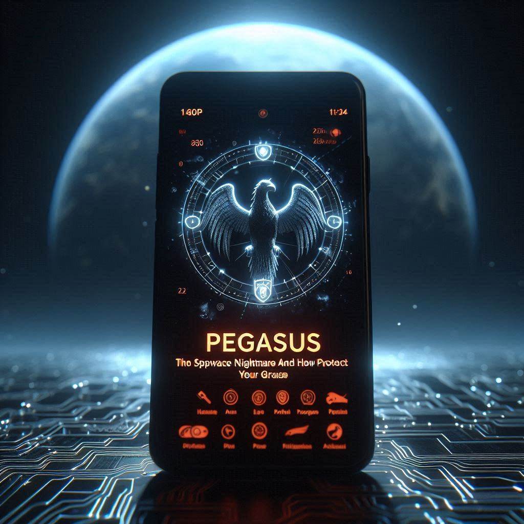 A 1080p image for the title 'Pegasus: The Spyware Nightmare and How to Protect Yourself', featuring a phone